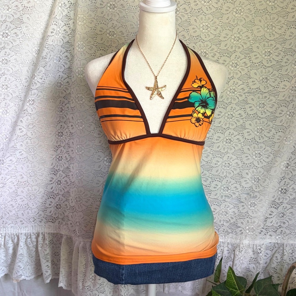 Y2K Zara Larsen Halter Tankini Top Orange Blue Ombre Floral Medium